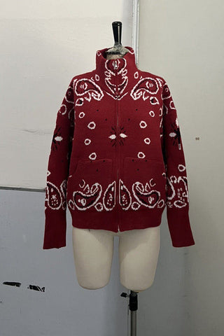 Fur Collar Zip-Up Knit Top – Long Sleeve Paisley Design