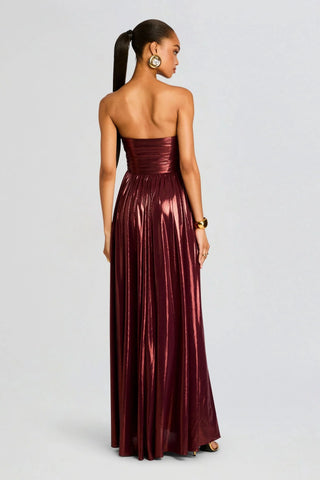 Strapless Metallic Pleated Long Dress with High Slit