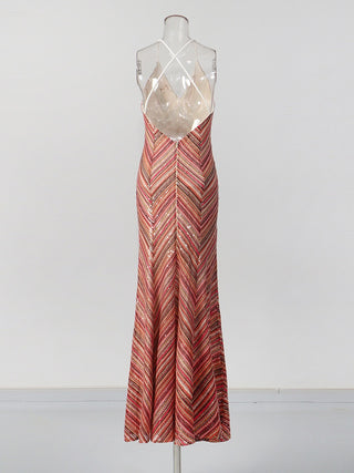 Chevron Sequin Long Evening Dress with Open Cross-Back