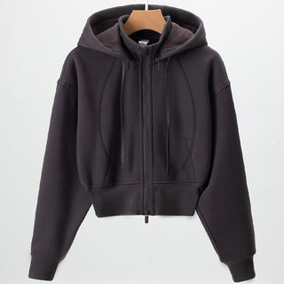 Layered High-Neck Cropped Zip-Up Hoodie