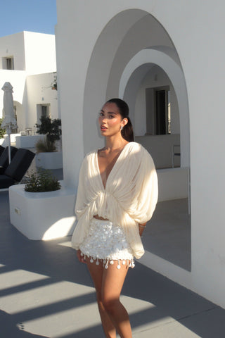 Draped Chiffon V-Neck Asymmetric Top with Batwing Sleeves