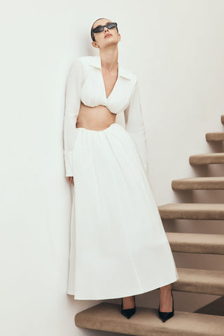 Cropped Shirt & Full Skirt Set – Long Sleeve Two-Piece Set