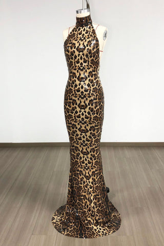 Leopard Print Long Dress – High Neck Sleeveless Sequin Mesh Fabric & Open Back Design