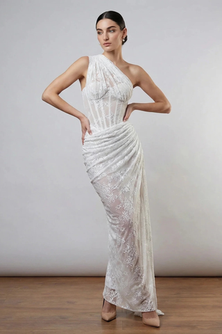 One-Shoulder Lace Long Dress with Sculpted Corset Fit
