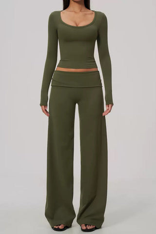 Scoop Neck Long Sleeve Top & Foldover Wide-Leg Pants Set