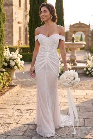 Off-Shoulder Sequin Draped & Ruched Long Evening Dress