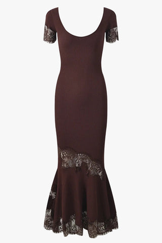 Ribbed Knit Scoop Neck Short Sleeve Long Dress with Lace Trim & Flared Hem