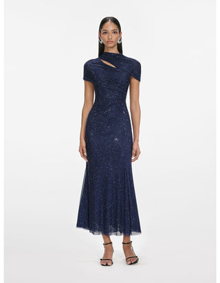 Crystal Draped Cape Neck Short Sleeve Long Dress