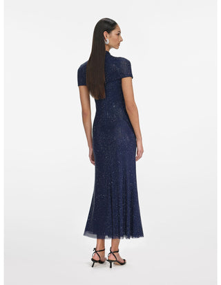 Crystal Draped Cape Neck Short Sleeve Long Dress