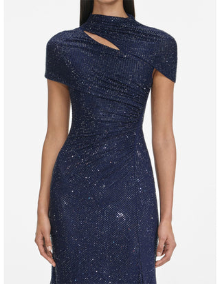 Crystal Draped Cape Neck Short Sleeve Long Dress