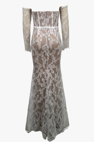 Floral Lace Corset Off-Shoulder Long Dress with Sheer Lace Sleeves