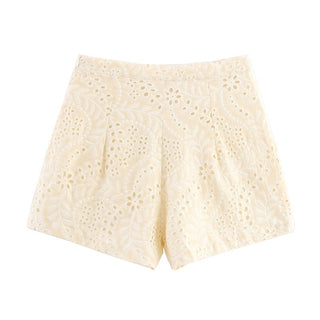 Floral Eyelet Cotton Two-Piece Set – Long Sleeve Shirt & High-Waist Shorts | Breathable Embroidered Lace