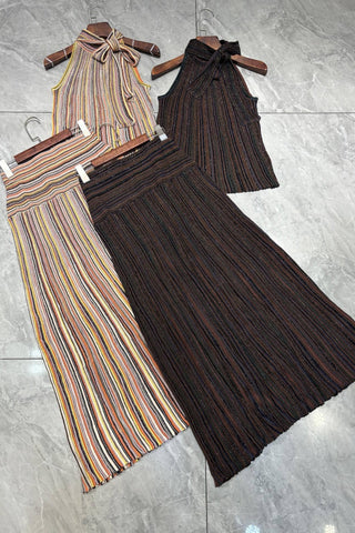 Shimmer Striped Halter Neck Top & Long Skirt Set