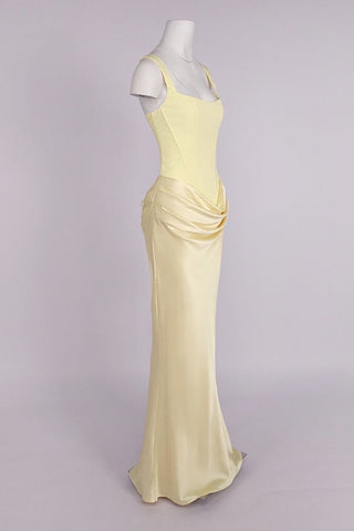 Romantic Sleeveless Corset Long Dress with Draped Waist & Lace-Up Back