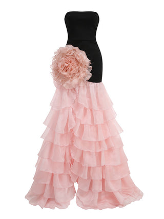 Strapless Fitted Floral Appliqué Ruffle Long Dress
