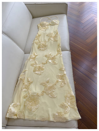 Petal Embellished Mesh Halter Column Dress with Slim Straps