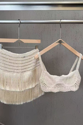 Crochet Bustier Top & Fringe Mini Skirt Set