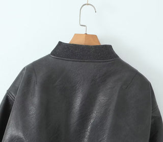 Cropped Faux Leather Bomber Jacket with Zip Detail