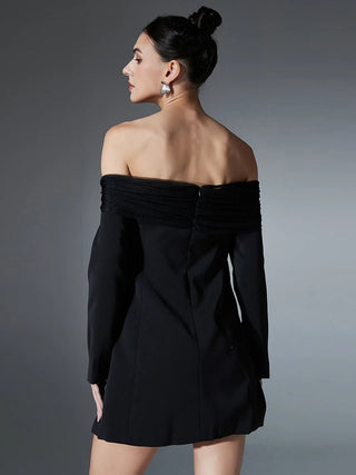 Off-Shoulder Tulle Draped Blazer Dress