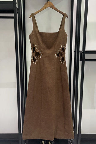 Statement Cut-Out Linen Blend Long Dress with Metal Eyelet Details