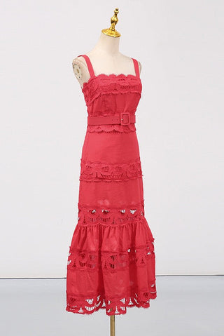 Statement Lace Cutwork Belted Tiered Long Dress
