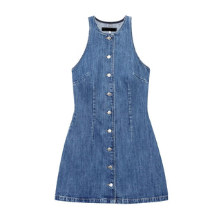 Sculpted Button-Front Denim Mini Dress — Sleeveless Fitted A-Line