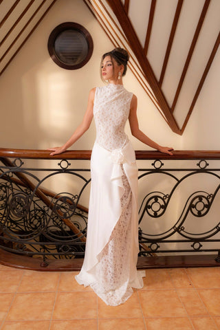 Sleeveless High Neck Lace & Draped Satin Rosette Long Dress