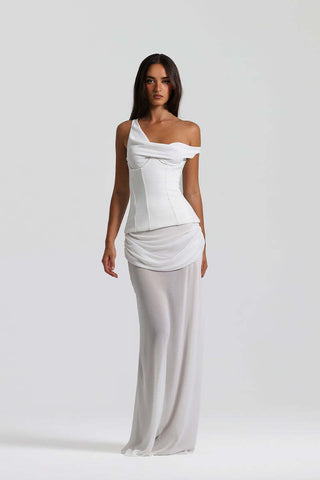 Draped Asymmetric Mesh Long Dress