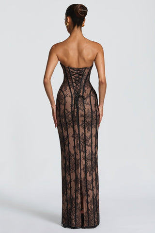 Sheer Lace Corset Strapless Long Dress with Lace-Up Back