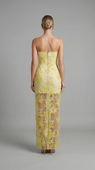 Elegant Strapless Floral Lace Embroidered Long Dress with Sequin Detail
