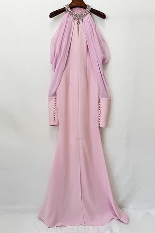 Crystal Embellished Halter Neck Draped Cold Shoulder Mermaid Long Dress