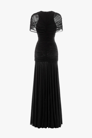 Ruched Off-Shoulder Long Dress – Draped Top & Flowing Skirt