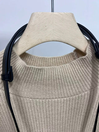 High-Neck Ribbed Knit Sweater with Cape-Style Sleeves