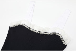 Lace Trim Ribbed Knit Long Dress