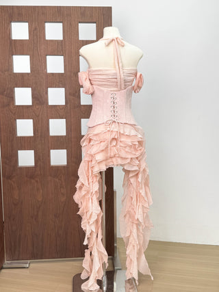 Corset Halter Asymmetric Ruffle Long Dress with Lace-Up Back