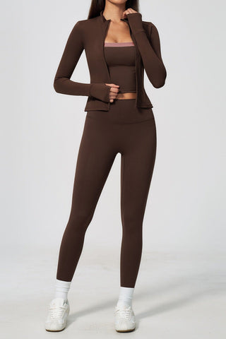 Zip-Up Active Jacket, Bandeau Top & High-Waist Leggings Set