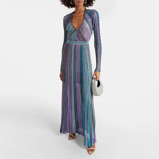 Metallic Striped Knit Maxi Dress with V-Neck and Long Sleeves