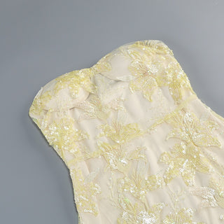 Elegant Strapless Floral Lace Embroidered Long Dress with Sequin Detail