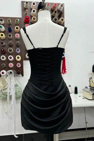 Draped Corset Mini Dress – Square Neck Satin Ruched Bodycon Dress