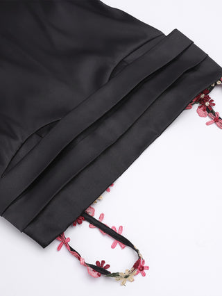 Floral Strap Satin Long Dress with Sleeveless Cowl Neck Design
