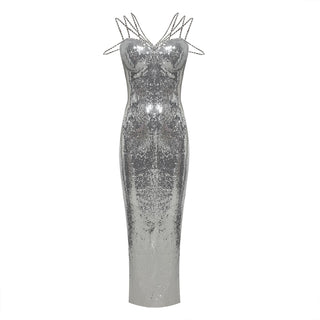 Crystal Strap Sequin Corset Bodycon Long Dress