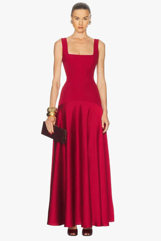 Square Neck Fitted Bodice Long Dress with Flared Satin Skirt
