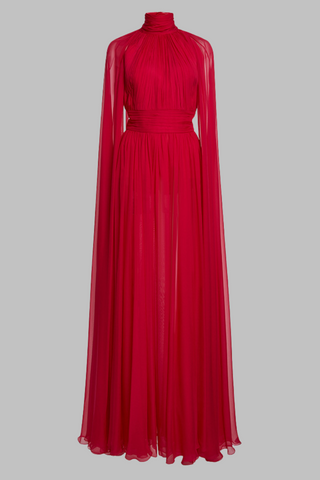 Red Pleated Cape Long Dress with High Neck and Chiffon Overlay