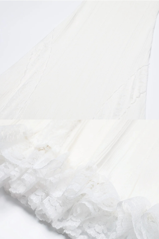 Ribbed Knit Round Neck Short Sleeve Long Dress with Lace Panels & Ruffle Hem
