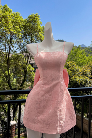 Pink Embroidered Lace Mini Dress with Back Bow & Corset Detailing