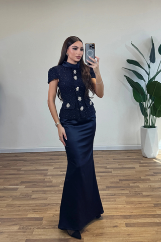 Short Sleeve Tweed Top and Satin Maxi Skirt Set