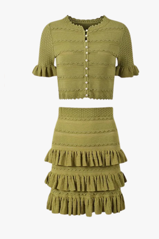Pearl Button Knit Ruffle Co-Ord Set – Short Sleeve Crop Top & Mini Skirt