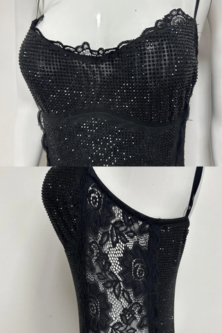 Sequin Lace Corset Long Dress – Spaghetti Strap Evening Gown