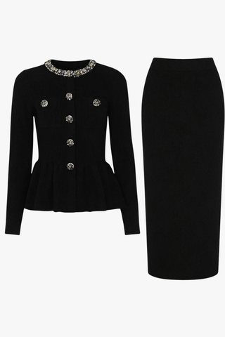 Ribbed Knit Long Sleeve Peplum Top & Midi Skirt Set