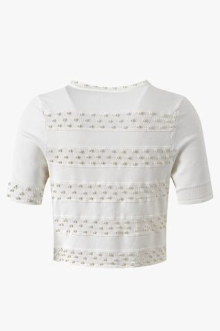 Pearl-Embellished Half Sleeve Knit Cardigan– Button Front, Soft Stretch & Cropped Fit